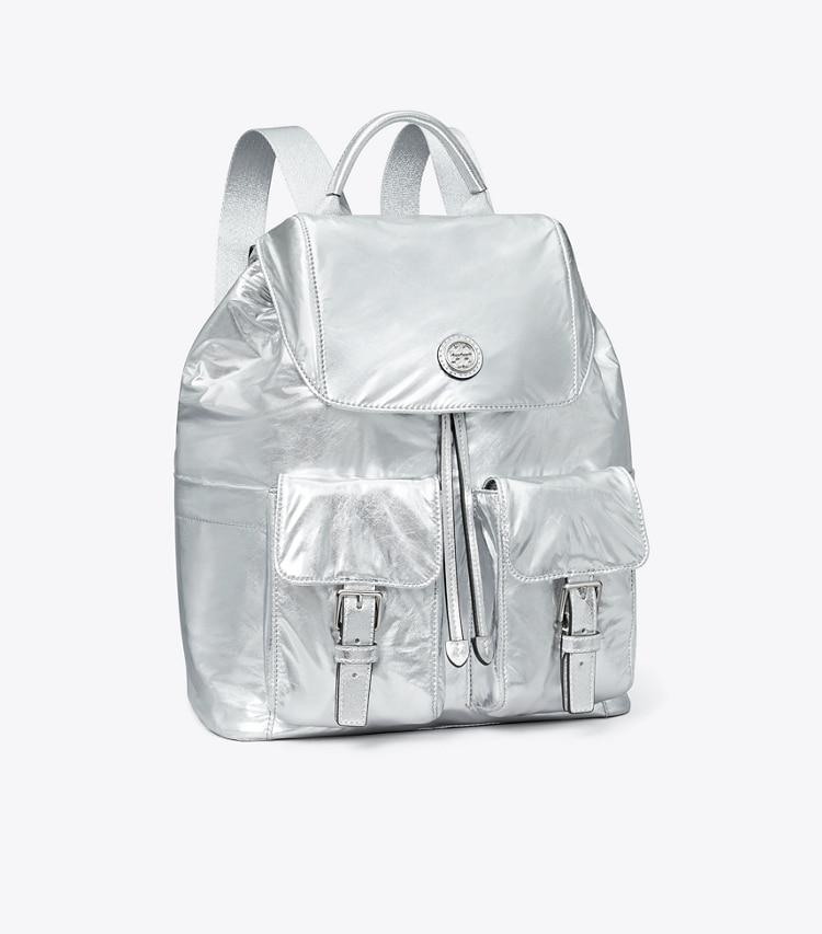 Tory Burch designer backpacks Virginia Metallic Flap Backpack in Silver angle