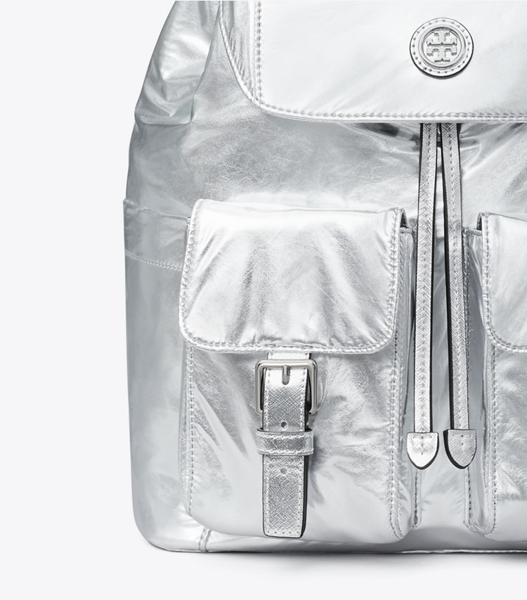 Tory Burch designer backpacks Virginia Metallic Flap Backpack in Silver detail