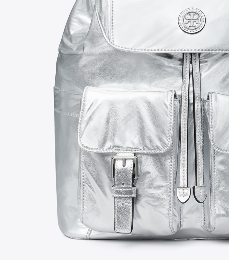 Tory Burch designer backpacks Virginia Metallic Flap Backpack in Silver angle
