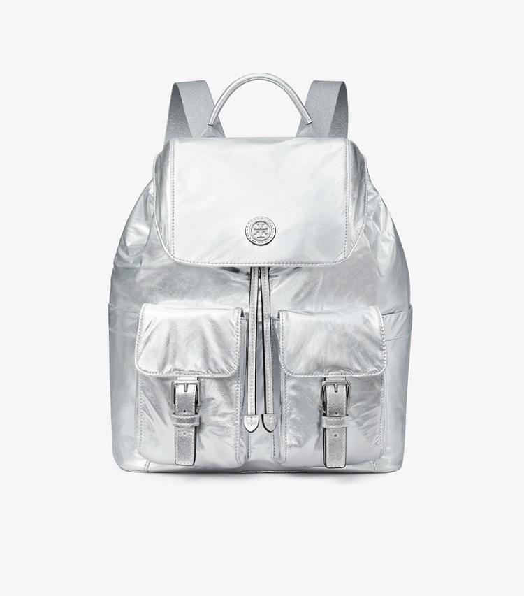 Tory Burch designer backpacks Virginia Metallic Flap Backpack in Silver front
