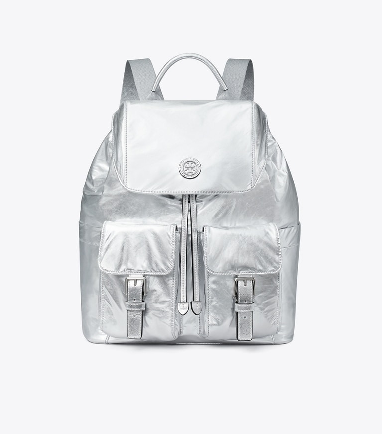 Tory Burch designer backpacks Virginia Metallic Flap Backpack in Silver angle