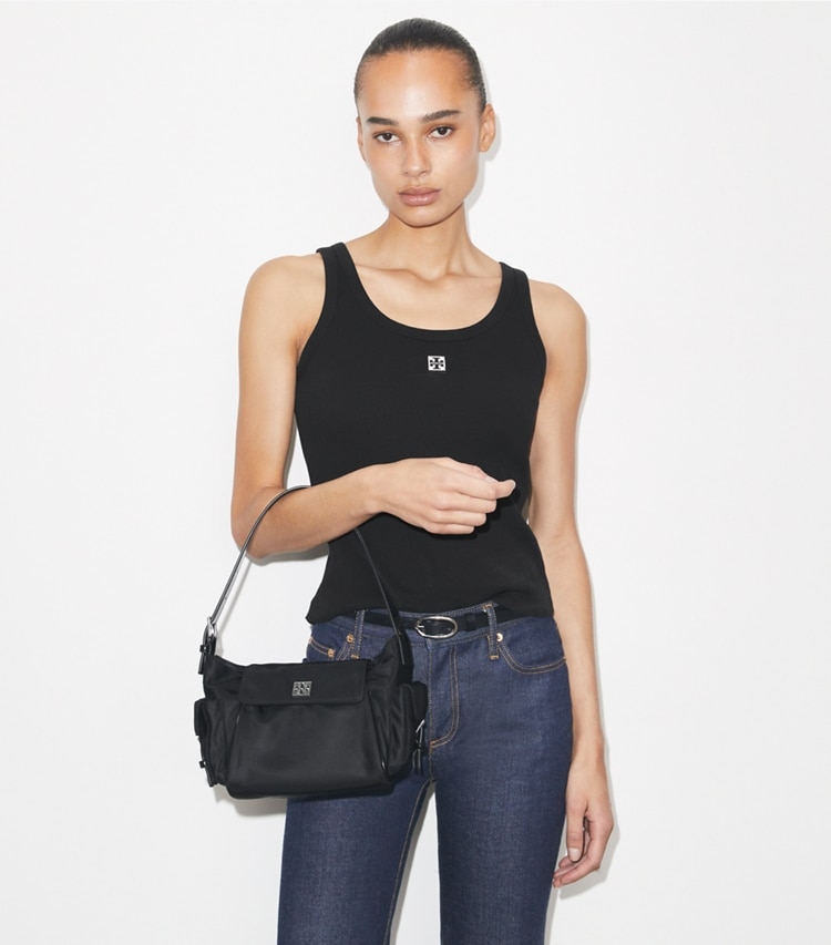 Tory Burch designer shoulder bags Virginia Pocket Shoulder Bag in Black accessory on model