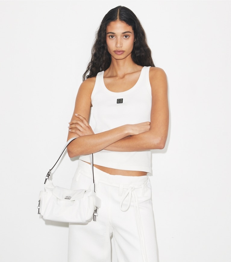 Tory Burch designer shoulder bags Virginia Pocket Shoulder Bag in White accessory on model