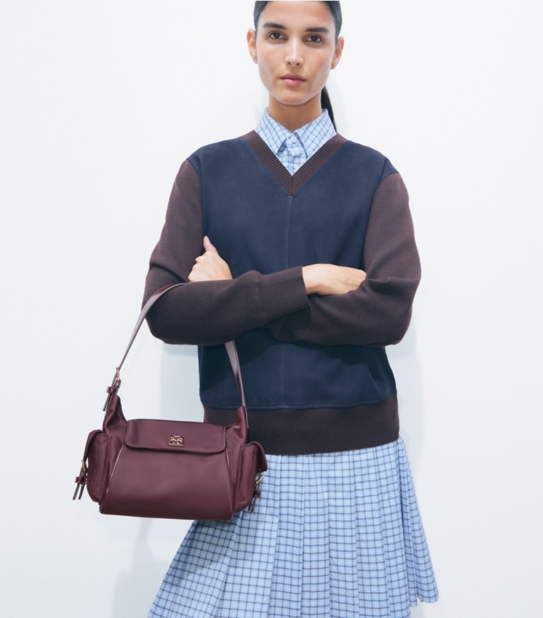 Tory Burch designer shoulder bags Virginia Pocket Shoulder Bag in Dark Carmine accessory on model