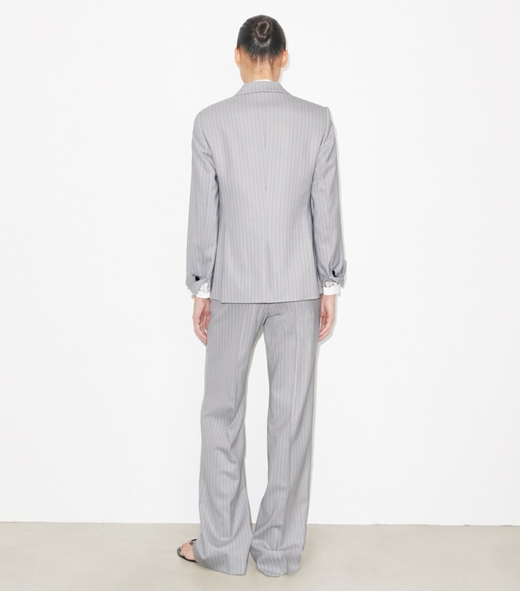 Tory Burch designer jackets Viscose And Wool Blazer in Dark Gray Pinstripe on model back