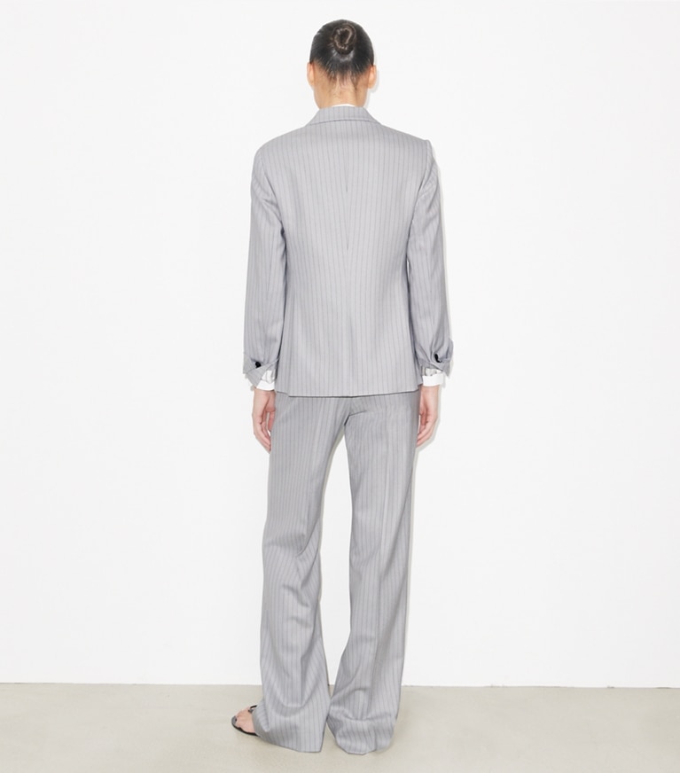 Tory Burch designer jackets Viscose And Wool Blazer in Dark Gray Pinstripe on model back
