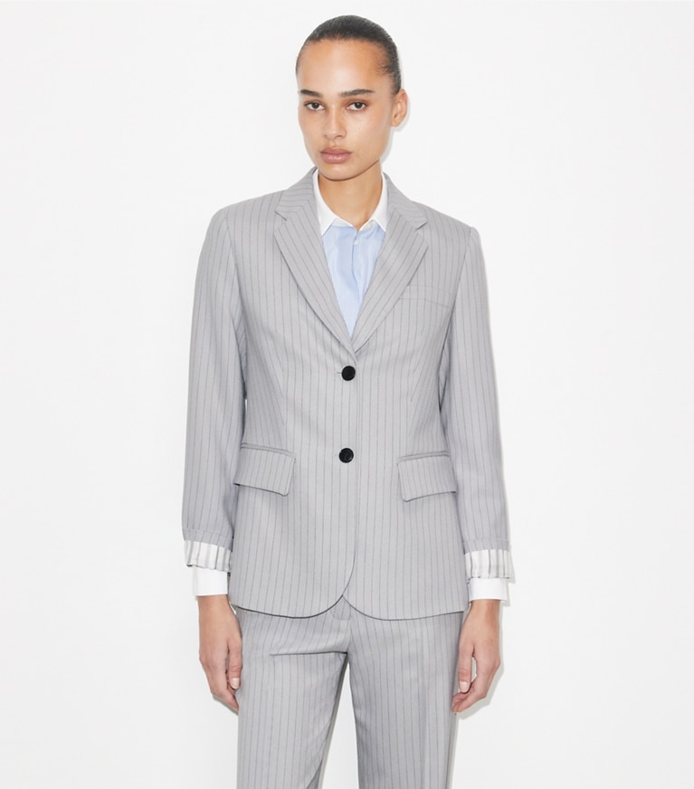 Tory Burch designer jackets Viscose And Wool Blazer in Dark Gray Pinstripe on model detail