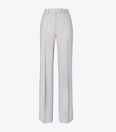 Tory Burch designer bottoms Viscose and Wool Pants in Dark Gray Pinstripe front