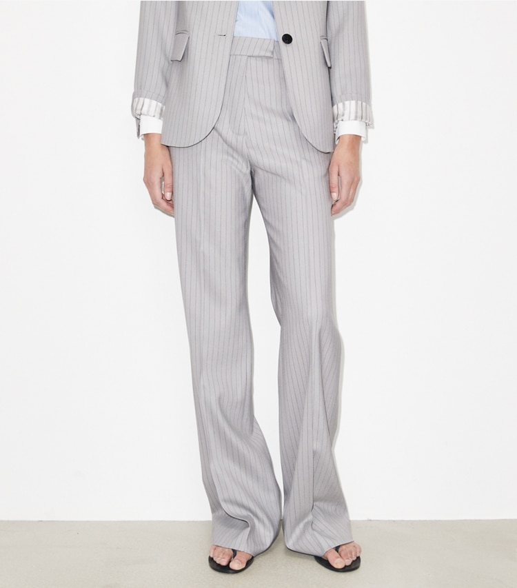 Tory Burch designer bottoms Viscose and Wool Pants in Dark Gray Pinstripe on model detail