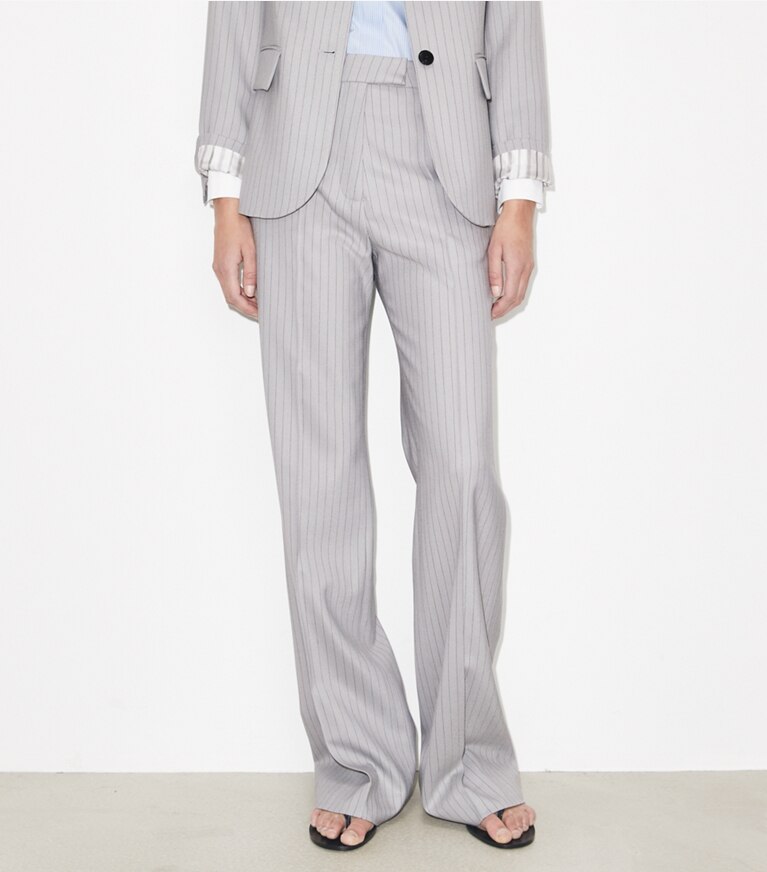 Tory Burch designer bottoms Viscose and Wool Pants in Dark Gray Pinstripe on model detail