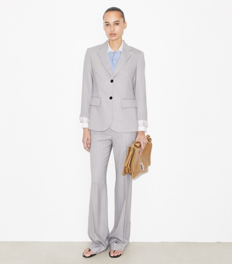 Tory Burch designer bottoms Viscose and Wool Pants in Dark Gray Pinstripe on model front