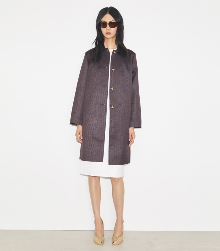 Tory Burch designer coats Viscose Car Coat in Roasted Eggplant on model front