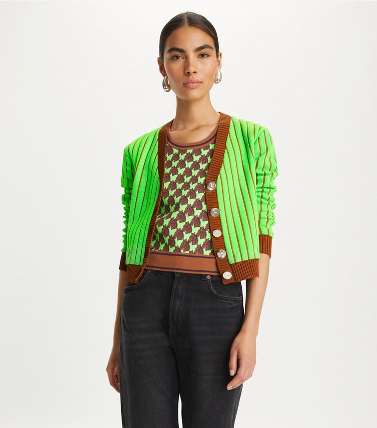 Tory Burch designer sweaters Viscose Cardigan in Vibrant Green on model detail
