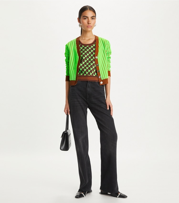 Tory Burch designer sweaters Viscose Cardigan in Vibrant Green on model front