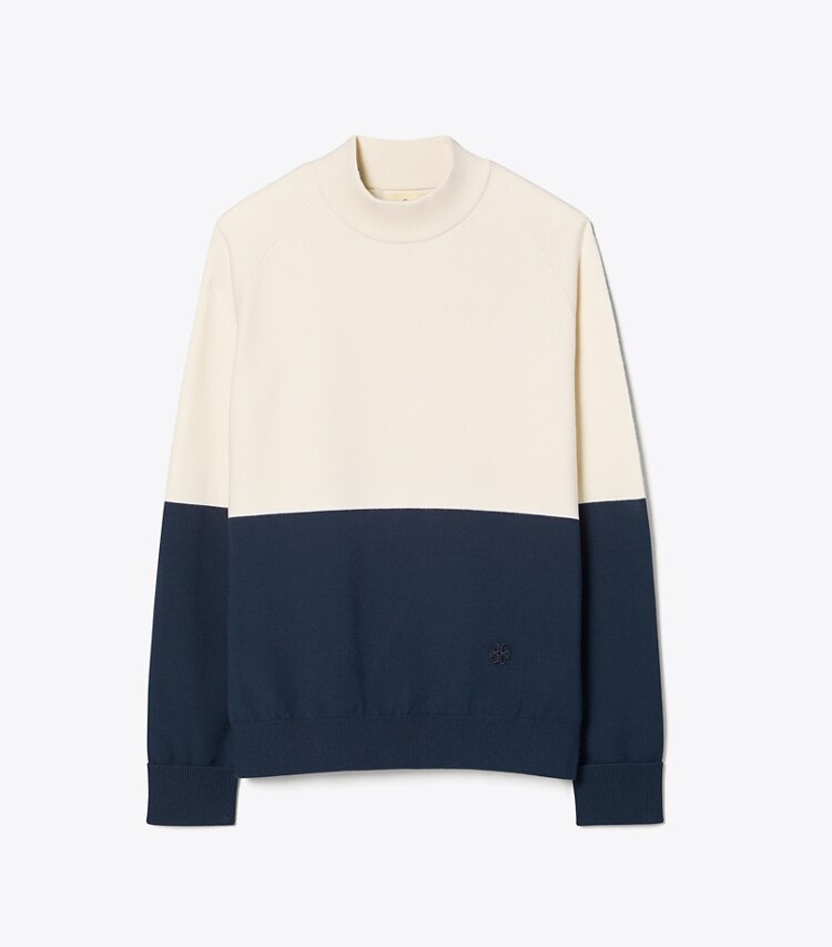 Tory Sport designer sweaters Viscose Color-Block Sweater in New Ivory / Tory Navy front