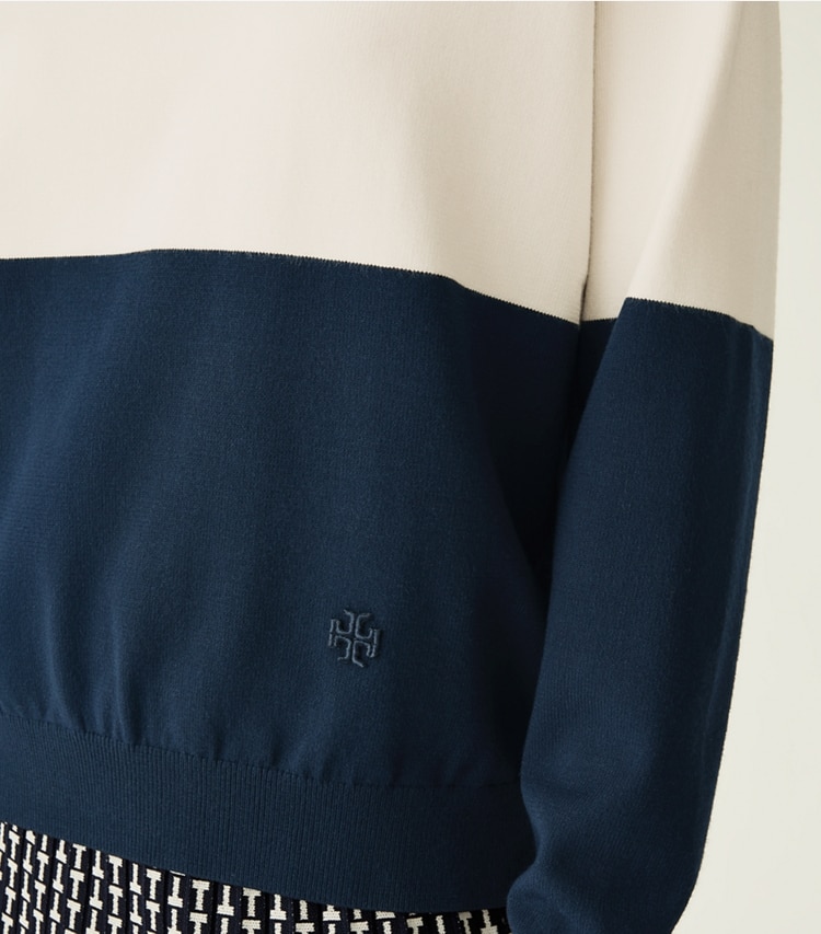 Tory Sport designer sweaters Viscose Color-Block Sweater in New Ivory / Tory Navy on model detail