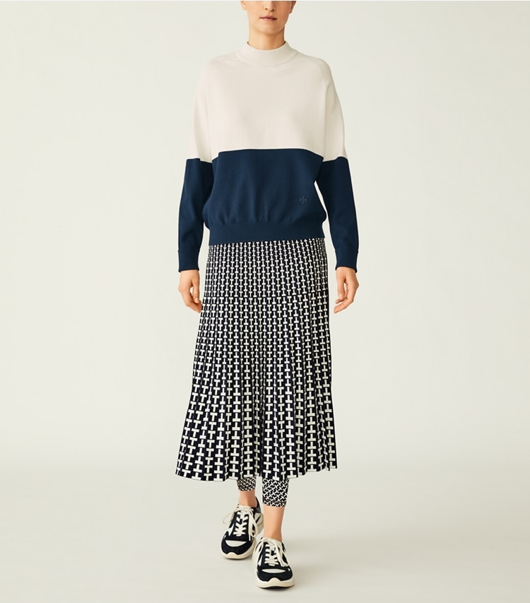 Tory Sport designer sweaters Viscose Color-Block Sweater in New Ivory / Tory Navy on model front