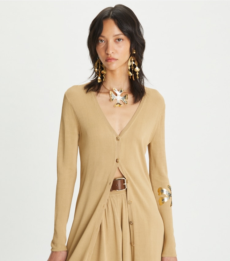 Tory Burch designer sweaters Viscose Duster Cardigan in Warm Wheat on model detail