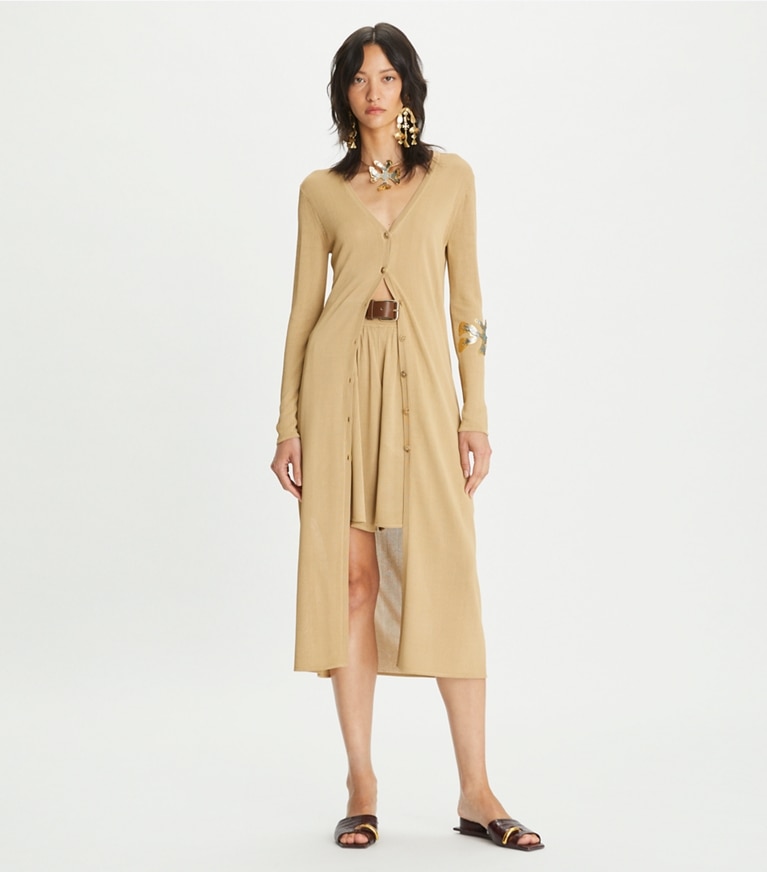 Tory Burch designer sweaters Viscose Duster Cardigan in Warm Wheat front