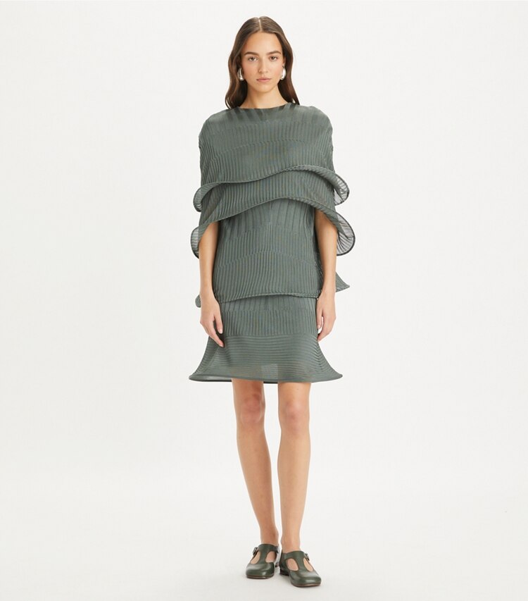 Tory Burch designer ジャケット レーヨン フープケープ in Shine Olive Slate モデル前面