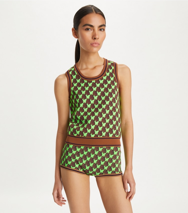 Tory Burch designer tops Viscose Jacquard Tank in Neon Bright Green Small Zebra on model detail