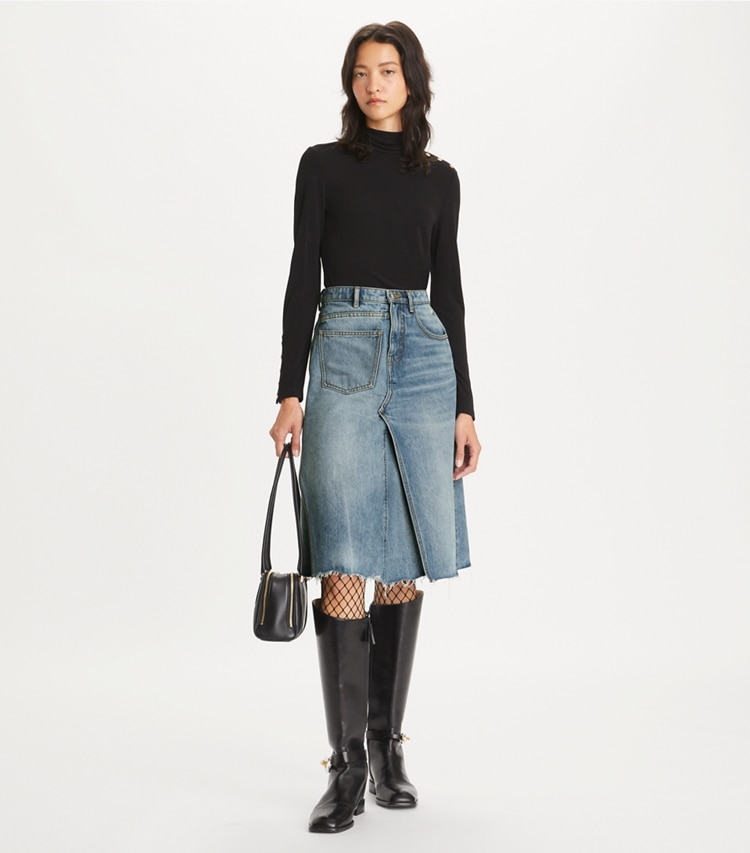 Tory Burch designer tops Viscose Jersey Turtleneck in Black on model front