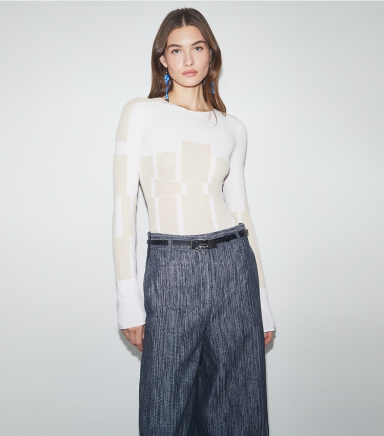 Tory Burch designer jackets Viscose Knit Bodysuit in White on model detail