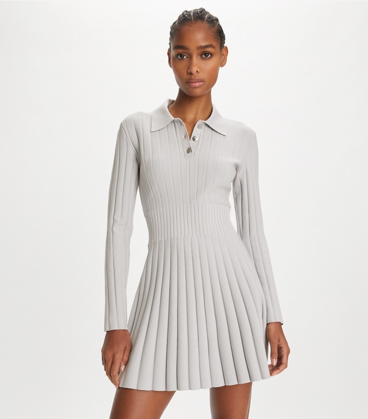 Tory Sport designer dresses Viscose Knit Polo Dress in Dewy Gray on model detail