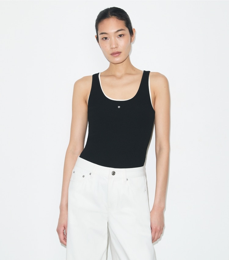 Tory Burch designer tops Viscose Knit Tank Top in Black on model detail