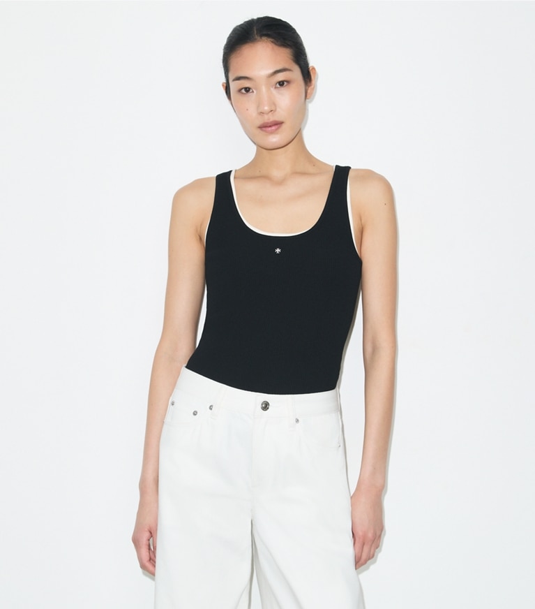 Tory Burch designer tops Viscose Knit Tank Top in Black on model detail