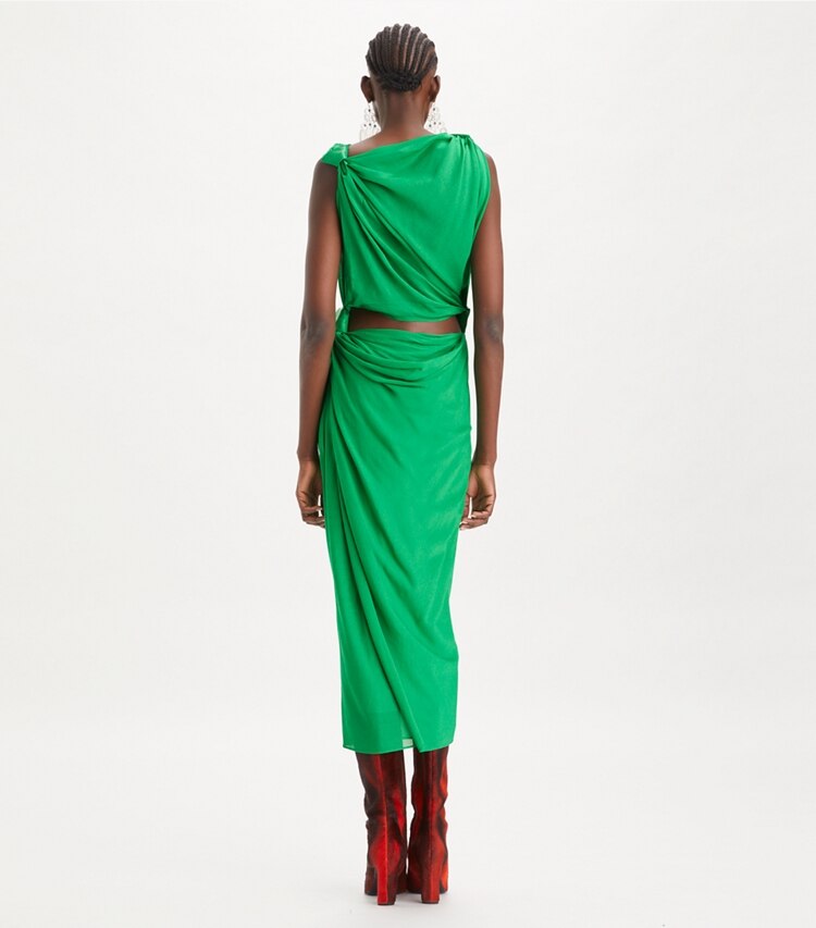 Tory Burch designer dresses Viscose Knot Dress in Spring Jade on model back