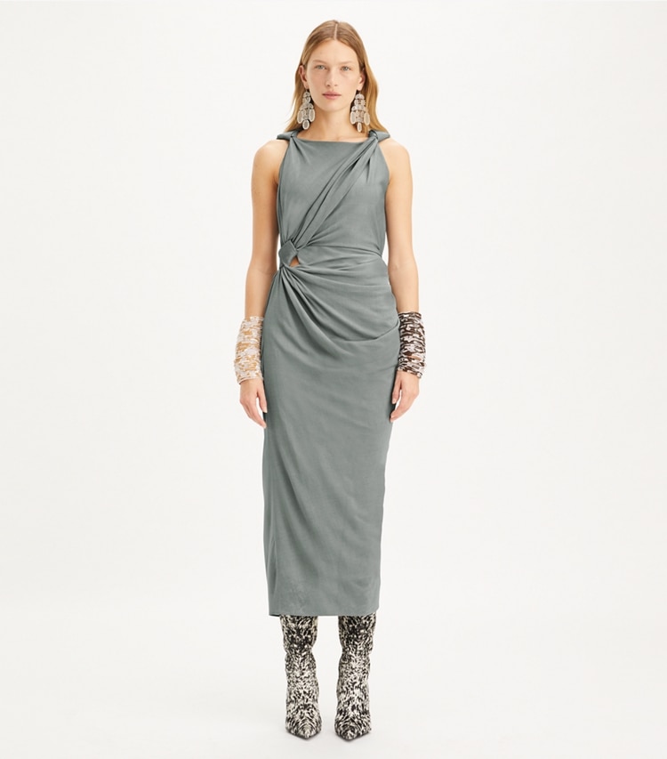 Tory Burch designer dresses Viscose Knot Dress in Shale Gray on model front