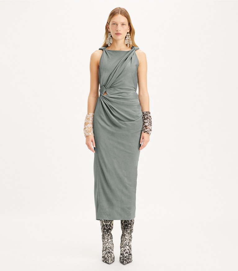Tory Burch designer dresses Viscose Knot Dress in Shale Gray front