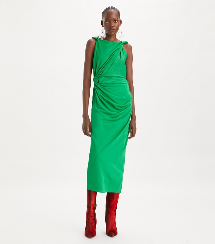 Tory Burch designer dresses Viscose Knot Dress in Spring Jade on model front