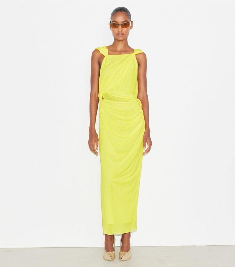 Tory Burch designer dresses Viscose Knot Dress in Bright Banana on model front