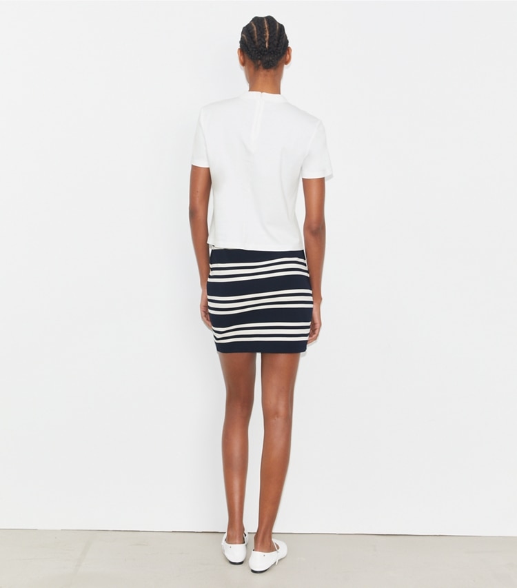 Tory Sport designer bottoms Viscose Mini Skirt in Tory Navy City Stripe on model back