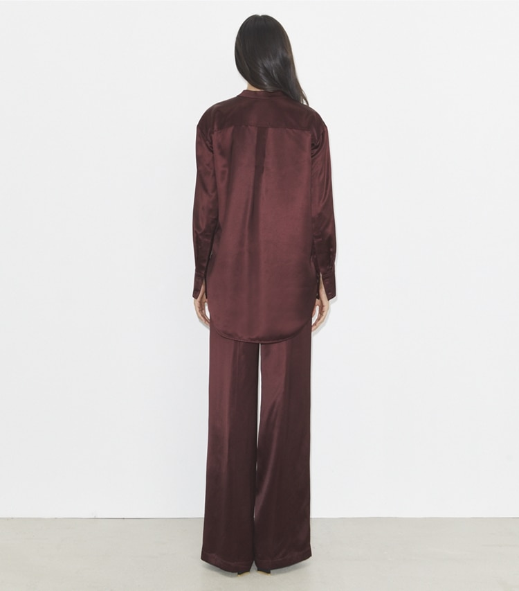 Tory Burch designer bottoms Viscose Pant in Dark Sangria on model back