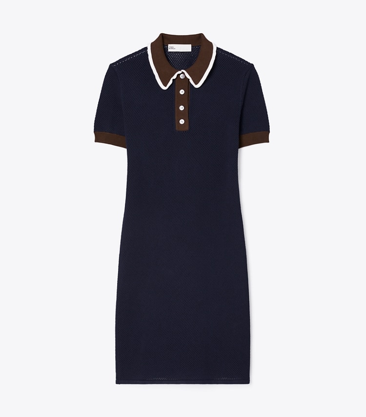 Tory Sport designer dresses Viscose Pointelle Dress in Tory Navy front