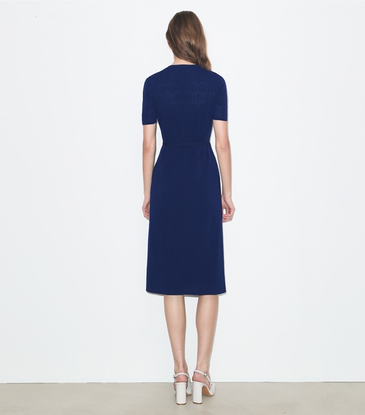 Tory Burch designer dresses Viscose Pointelle Dress in Ocean on model back