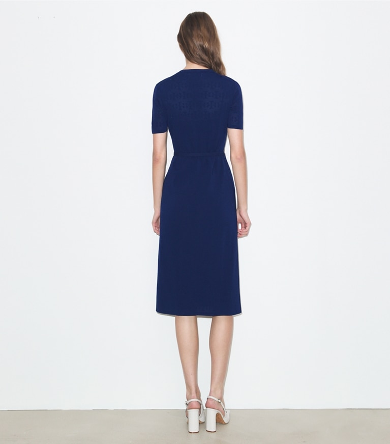 Tory Burch designer dresses Viscose Pointelle Dress in Ocean on model back