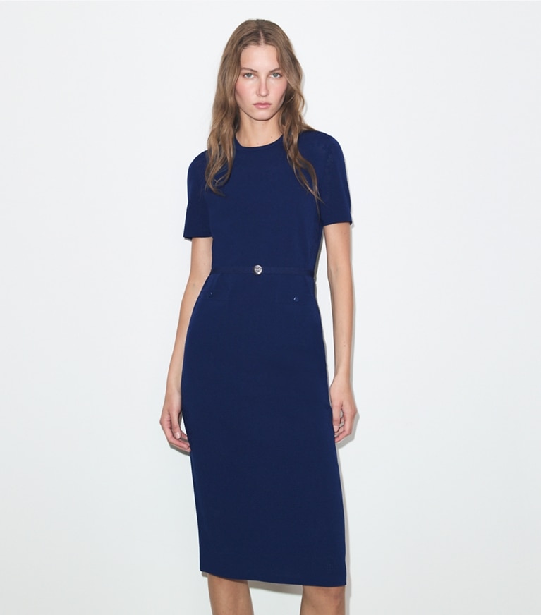 Tory Burch designer dresses Viscose Pointelle Dress in Ocean on model detail