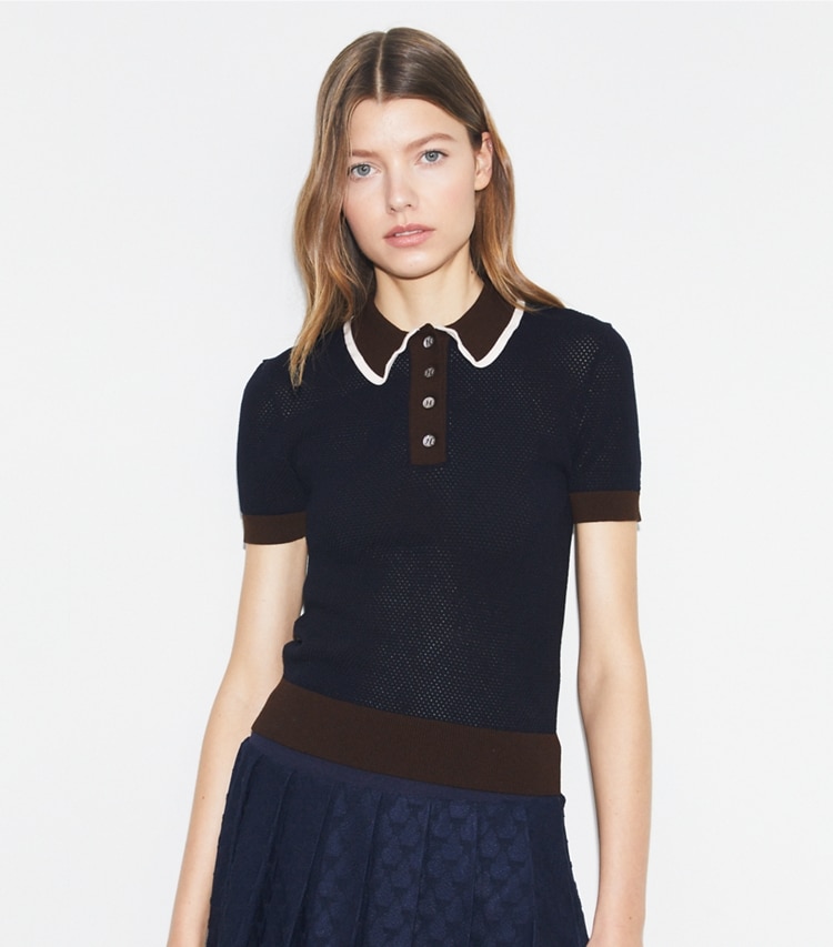 Tory Sport designer sweaters Viscose Pointelle Sweater in Tory Navy on model detail