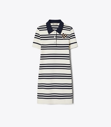 Tory Sport designer dresses Viscose Polo Dress in New Ivory City Stripe front