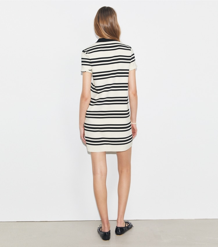 Tory Sport designer dresses Viscose Polo Dress in New Ivory City Stripe on model back