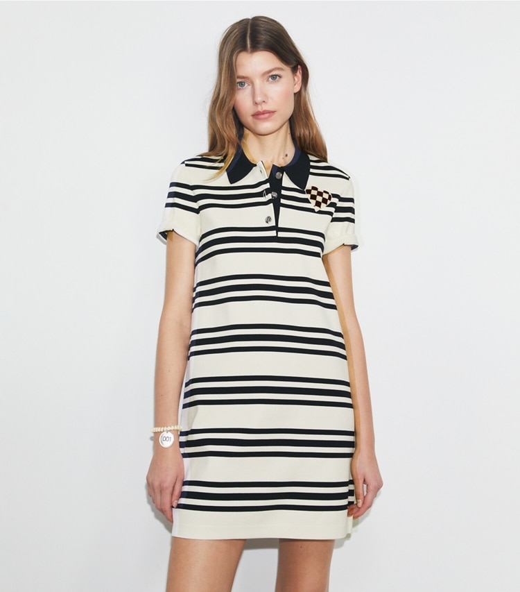 Tory Sport designer dresses Viscose Polo Dress in New Ivory City Stripe on model detail