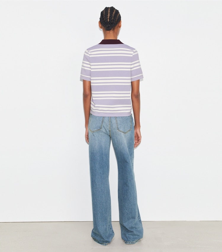 Tory Sport designer tops Viscose Polo in Gray City Stripe on model back