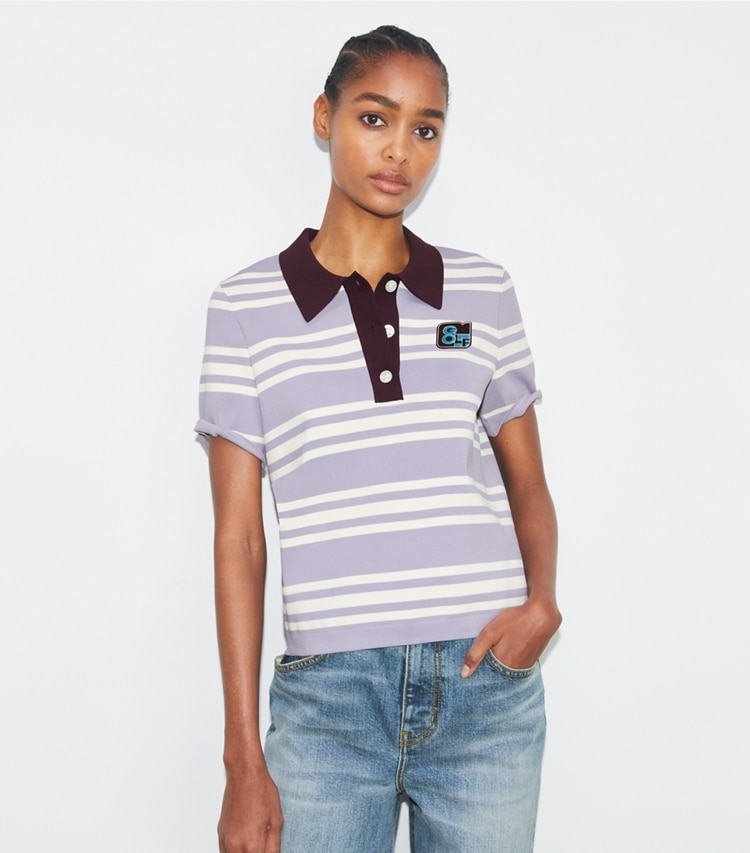 Tory Sport designer tops Viscose Polo in Gray City Stripe on model detail