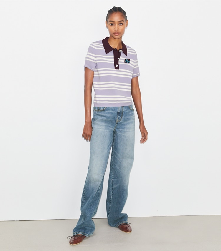 Tory Sport designer tops Viscose Polo in Gray City Stripe on model front