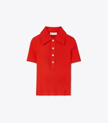 Tory Burch designer sweaters Viscose Ribbed Polo Sweater in Blazing Red front