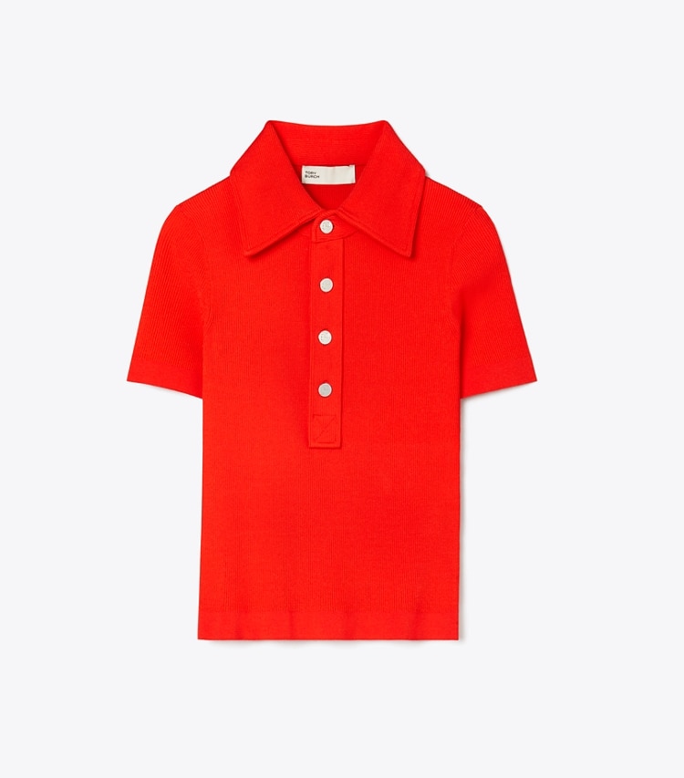 Tory Burch designer sweaters Viscose Ribbed Polo Sweater in Blazing Red front
